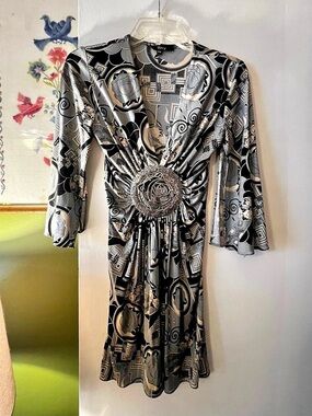 VTG Y2K Sky Plunging V-Neck Rose Medallion Graphic Mini Dress XS 🌹✨